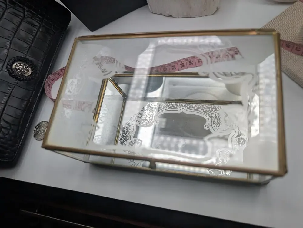 Vintage Brass & Etched Frosted Glass Display Box Trinket Jewelry Casket Vanity